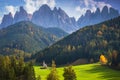 Scenery of Dolomites with the St. John& x27;s in Ranui Chapel, Santa Maddalena. Italy Royalty Free Stock Photo