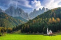 Scenery of Dolomites with the St. Johns in Ranui Chapel & x28;La Chiesetta di San Giovanni in Ranui& x29;, Santa Maddalena. Italy