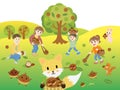 Scenery of a family and cute animals doing gathering chestnuts.