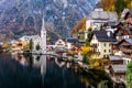 Scenery of famous world heritage village, Hallstatt lake reflect town on dark water