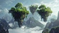 Scenery of flying tropical islands in fog, surreal misty mountain landscape with land floating in sky. Concept of fantasy, fairy Royalty Free Stock Photo