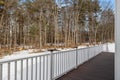 Scenery of a forest with bare trees of winter from the wooden balcony of a modern house in USA Royalty Free Stock Photo