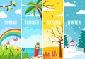 Scenery of the Four Seasons of Nature with Landscape Spring, Summer, Autumn and Winter in Template Hand Drawn Cartoon Illustration Royalty Free Stock Photo