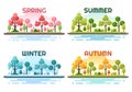 Scenery of the Four Seasons of Nature with Landscape Spring, Summer, Autumn and Winter in Template Hand Drawn Cartoon Illustration Royalty Free Stock Photo