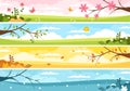 Scenery of the Four Seasons of Nature with Landscape Spring, Summer, Autumn and Winter in Template Hand Drawn Cartoon Illustration Royalty Free Stock Photo