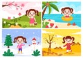 Scenery of the Four Seasons of Nature with Landscape Spring, Summer, Autumn and Winter in Template Hand Drawn Cartoon Illustration Royalty Free Stock Photo