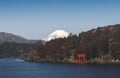 The scenery of Hakone Lake or Ashinoko Lake with red torii gate and Mount Fuji-sang at the background.