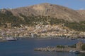 Scenery on harbor in city Pothia on Greek island Kalymnos. Royalty Free Stock Photo