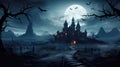 Scenery of haunted Gothic house, bats and moon on Halloween night Royalty Free Stock Photo