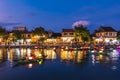 Hoi An ancient town by Thu Bon River in Vietnam at night