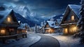 Scenery of houses on Christmas in mountain village in winter at night