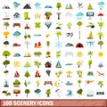 100 scenery icons set, flat style