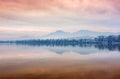 Scenery of Ioannina city lit up by red,orange colors sunlight a