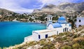 Scenery  of  Kalymnos island - picturesque church overloong the sea. Dodecanese, Greece Royalty Free Stock Photo