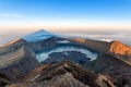 Scenery of Mount Rinjani, active volcano and crater lake from the summit at sunrise, Lombok - Indonesia Royalty Free Stock Photo