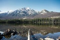 Scenery of mountain range with pine forest reflection on Pyramid lake, Jasper national park Royalty Free Stock Photo