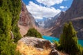 Scenery mountains with blue lake on sunny summer day. Mountain landscape in Greater Allo lake in Fann mountains, Tajikistan, Pamir