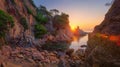 Scenery nature landscape of rocky bay on mediterranean sea at sunrise in Lloret de Mar, Costa Brava, Spain Royalty Free Stock Photo