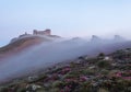 The scenery with the old observatory that is on the mountain covered with the light fog. Lawn with the rocks and pink rhododendron