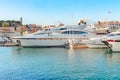 Scenery panoramic aerial cityscape view of harbour Cannes, France. Landscape of harbor, port in Cannnes. Cote d`Azur France. Luxu Royalty Free Stock Photo