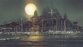 Scenery Of Port City With Moon Light