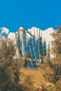 Scenery with prayer flags near Druk Wangyal Khangzang Stupa with 108 chortens, Dochula Pass, Bhutan. Royalty Free Stock Photo