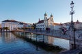 Scenery of Rathaussteg Bridge over Reuss River in Old Town Lucerne