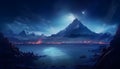 Scenery reflection lake and mountains landscape. Fantasy landscape with a lake, trees, clouds and moon. Moonlight. Starry sky.