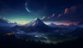 Scenery reflection lake and mountains landscape. Fantasy landscape with a lake, trees, clouds and moon. Moonlight. Starry sky.