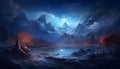 Scenery reflection lake and mountains landscape. Fantasy landscape with a lake, trees, clouds and moon. Moonlight. Starry sky.