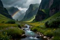 scenery of river grass field flowers middle of mountain and rainbow cloudy sky Royalty Free Stock Photo