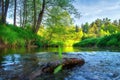 Scenery riverside. Summer river. Green nature landscape. Beautiful view on river bank