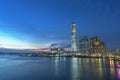 Scenery of skyscraper, skyline and harbor of Hong Kong city at dusk Royalty Free Stock Photo