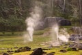 The scenery of steam from the hot springs surged from the grasses with rocks and trees. Royalty Free Stock Photo