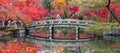 Scenery Stone bridge and pond with colorful leaves in Eikando temple, beautiful nature garden in Autumn foliage season, landmark Royalty Free Stock Photo