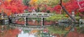 Scenery Stone bridge and pond with colorful leaves in Eikando temple, beautiful nature garden in Autumn foliage season, landmark Royalty Free Stock Photo