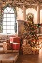 The scenery of the Studio or theater. Entrance in an old architecture with staircase and columns. Christmas decoration Royalty Free Stock Photo