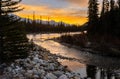 Scenery sunrise skyline of Bow River and Castle Mountains at Banff National Park in Alberta, Canada