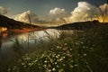 Scenery of sunset in the river of Ladybower Reservoir in Derbyshire, England Royalty Free Stock Photo