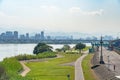 Scenery of Tamsui river bank, view on Taipei bridge, a bridge link New Taipei City to Taipei city