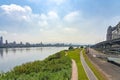 Scenery of Tamsui river bank, view on Taipei bridge, a bridge link New Taipei City to Taipei city