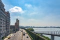 Scenery of Tamsui river bank, view on Taipei bridge, a bridge link New Taipei City to Taipei city
