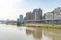 Scenery of Tamsui river bank, view on Taipei bridge, a bridge link New Taipei City to Taipei city