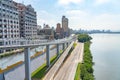 Scenery of Tamsui river bank, view on Taipei bridge, a bridge link New Taipei City to Taipei city