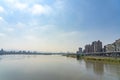 Scenery of Tamsui river bank, view on Taipei bridge, a bridge link New Taipei City to Taipei city