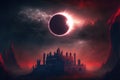 Scenery of Thorn Castle during solar eclipse against dark crimson sky. illustration painting Royalty Free Stock Photo