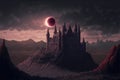 Scenery of Thorn Castle during solar eclipse against dark crimson sky. illustration painting Royalty Free Stock Photo