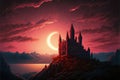 Scenery of Thorn Castle during solar eclipse against dark crimson sky. illustration painting Royalty Free Stock Photo