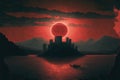 Scenery of Thorn Castle during solar eclipse against dark crimson sky. illustration painting Royalty Free Stock Photo