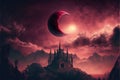 Scenery of Thorn Castle during solar eclipse against dark crimson sky. illustration painting Royalty Free Stock Photo